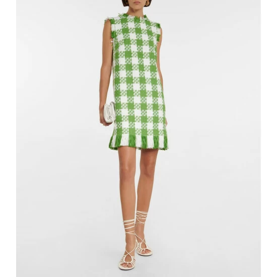 Oscar De La Renta Fringed Checked Tweed Minidress