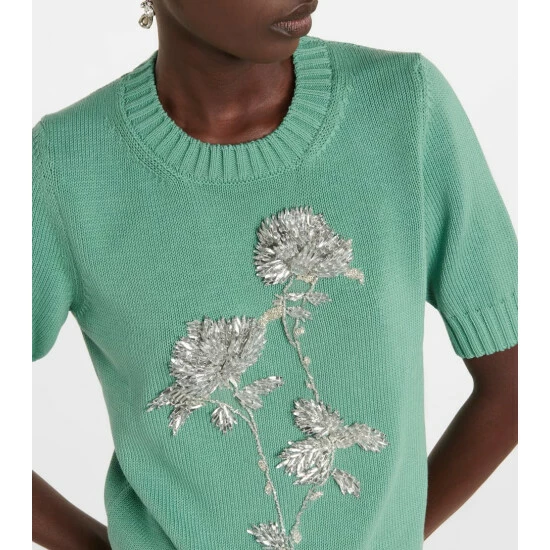 Oscar De La Renta Embellished Cotton Knit Top - Image 3