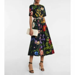 Oscar De La Renta Belted Floral Cotton-blend Midi Dress