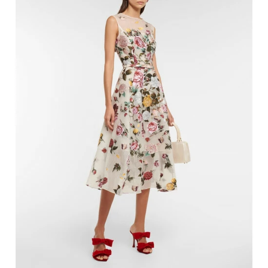 Oscar De La Renta Floral Embroidered Silk-blend Midi Dress